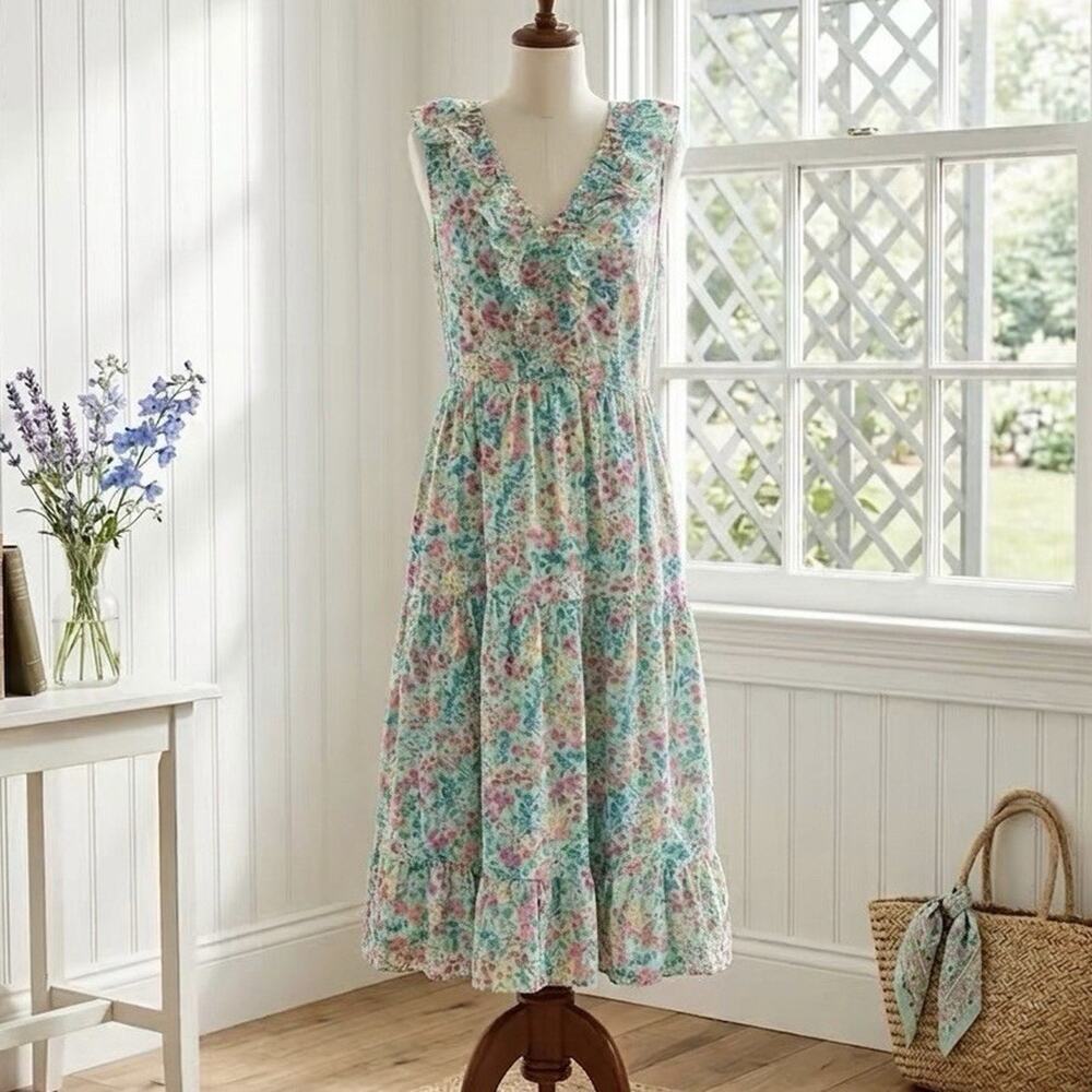 J.CREW Floral Tiered Ruffle V-Neck Sleeveless Midi Sundress 12 Cottagecore